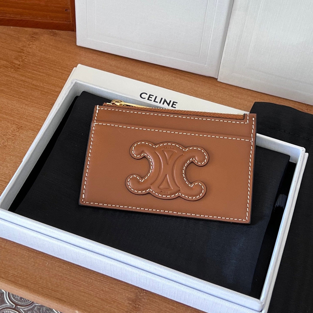 Celine 25S Zipped Card Holder 11 in Brown Calfskin Gold Hardware